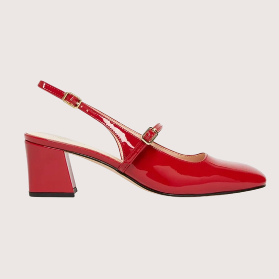 red patent leather square toe mary jane heels with slingback and strap over the foot from iblues