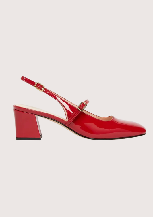 red patent leather square toe mary jane heels with slingback and strap over the foot from iblues