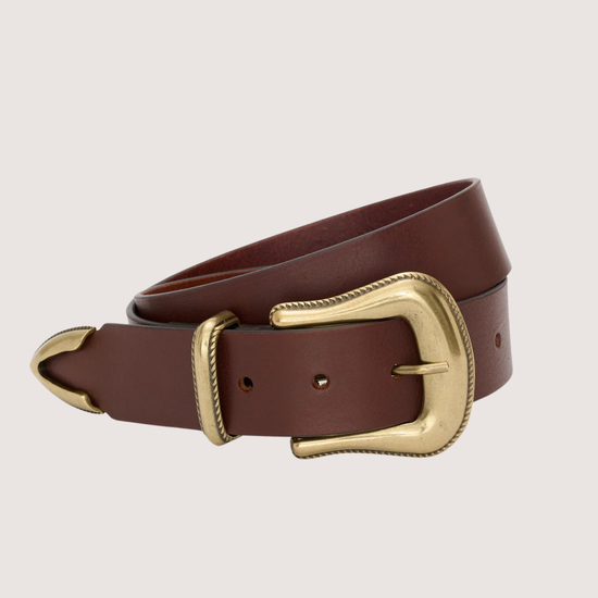 Brown leather belt with a gold buckle on a beige background
