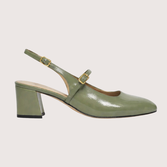 green patent leather square toe mary jane heels with slingback and strap over the foot from iblues