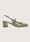 green patent leather square toe mary jane heels with slingback and strap over the foot from iblues
