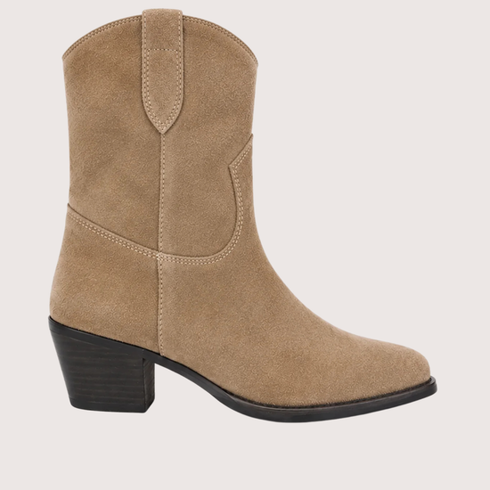 A single tan suede western-style ankle boot with a black block heel, shown in profile against a light gray background.