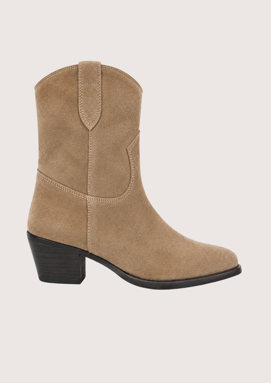 A single tan suede western-style ankle boot with a black block heel, shown in profile against a light gray background.