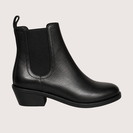 A single black ankle boot with a wedge heel, shown in a side profile view against a plain white background.