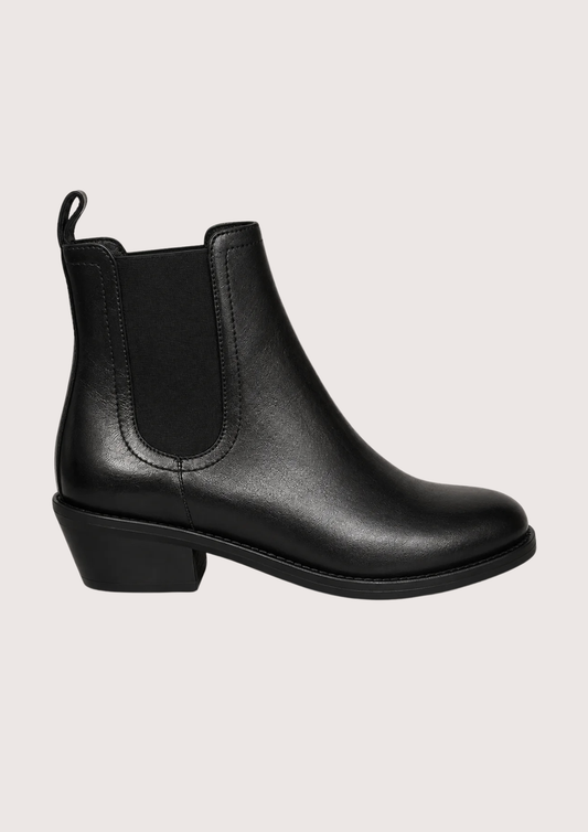A single black ankle boot with a wedge heel, shown in a side profile view against a plain white background.