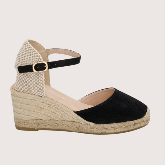 black wedges with round toe and ankle strap