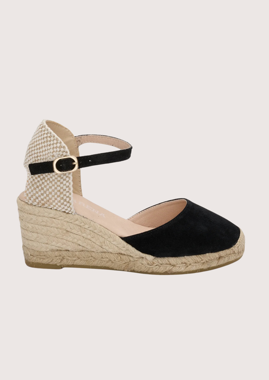 black wedges with round toe and ankle strap