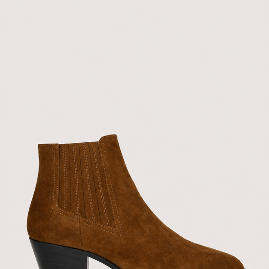A brown suede ankle boot with a black block heel and black sole, shown from a side profile against a light gray background.