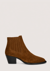 A brown suede ankle boot with a black block heel and black sole, shown from a side profile against a light gray background.