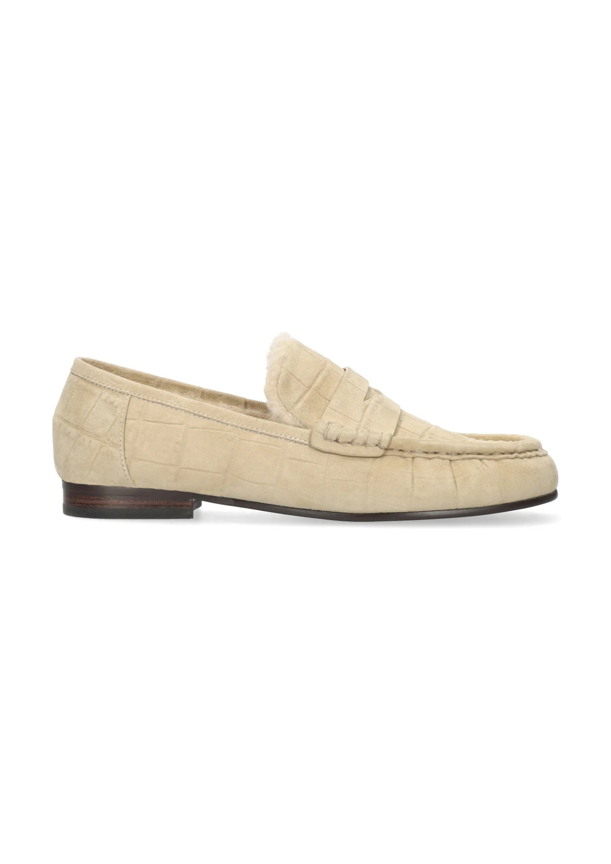 beige suede loafer with fuzzy interior and dark brown sole, on a white background