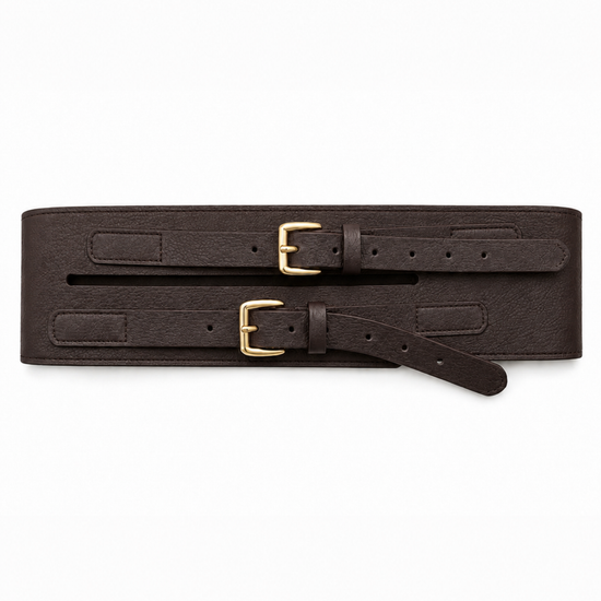 A dark brown leather belt with two gold-tone buckles, laid flat against a solid white background.
