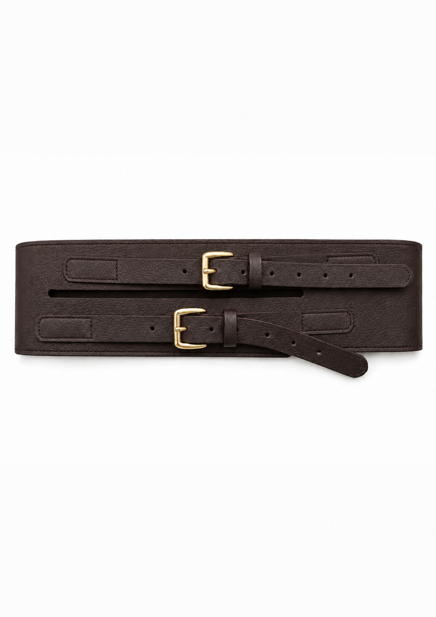 A dark brown leather belt with two gold-tone buckles, laid flat against a solid white background.