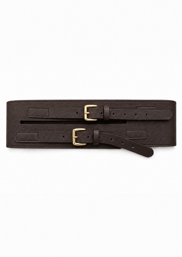 A dark brown leather belt with two gold-tone buckles, laid flat against a solid white background.