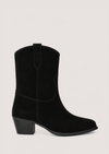 A black suede western-style ankle boot with a low block heel, shown from a side profile against a light gray background.
