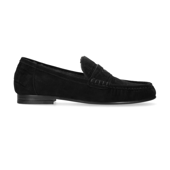 Black leather loafer with fuzzy interior, on a plain white background