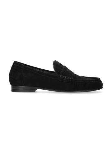 Black leather loafer with fuzzy interior, on a plain white background