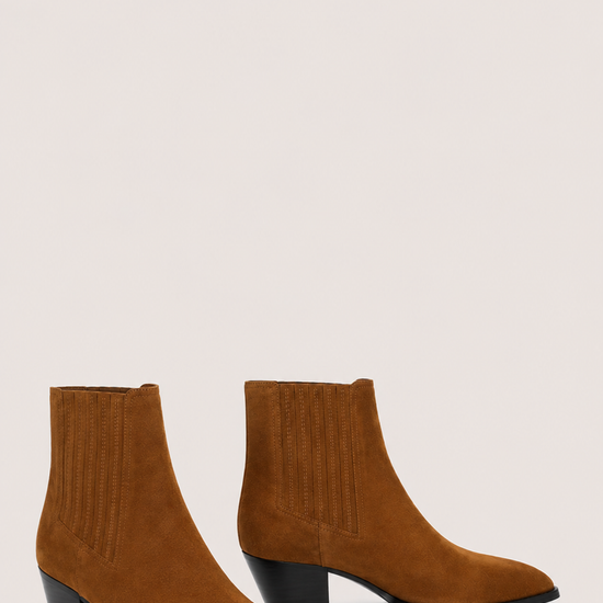 A pair of women's brown suede ankle boots with black block heels, shown from a side profile view against a solid light beige background.
