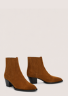 A pair of women's brown suede ankle boots with black block heels, shown from a side profile view against a solid light beige background.