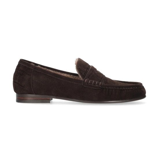 A pair of dark brown suede slip-on loafers with a plush brown faux-fur lining, shown from a top-down view on a white background. The brand name 'BIBI LOU' is visible on the insole.