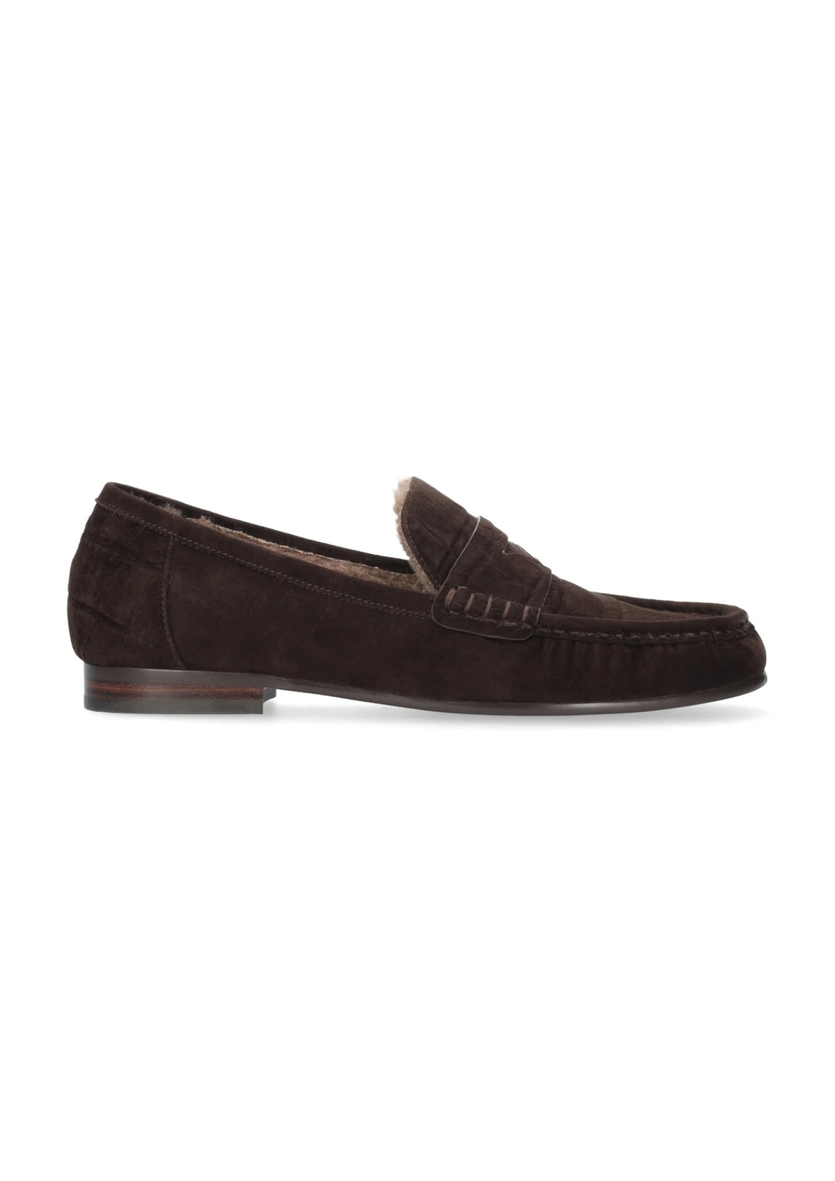A pair of dark brown suede slip-on loafers with a plush brown faux-fur lining, shown from a top-down view on a white background. The brand name 'BIBI LOU' is visible on the insole.