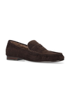 A pair of dark brown suede slip-on loafers with a plush brown faux-fur lining, shown from a top-down view on a white background. The brand name 'BIBI LOU' is visible on the insole.