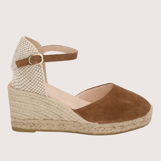 tan wedges with round toe and ankle strap
