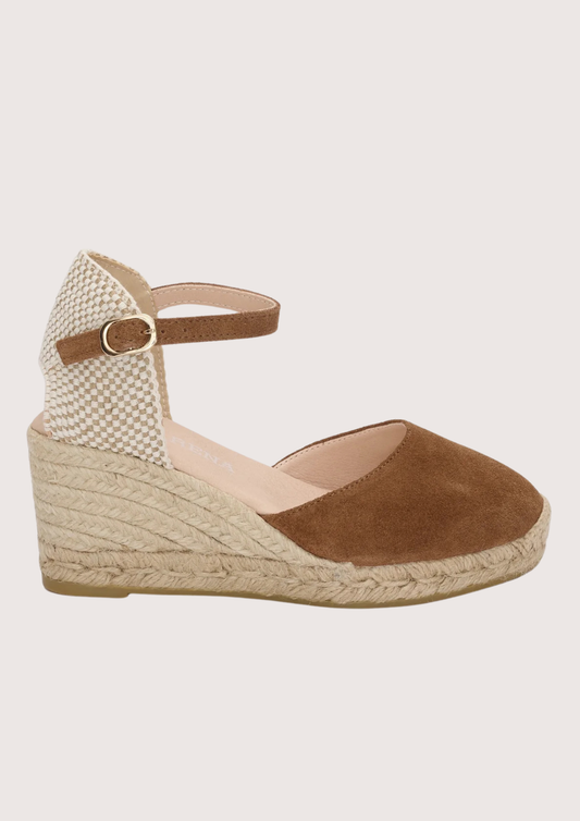 tan wedges with round toe and ankle strap
