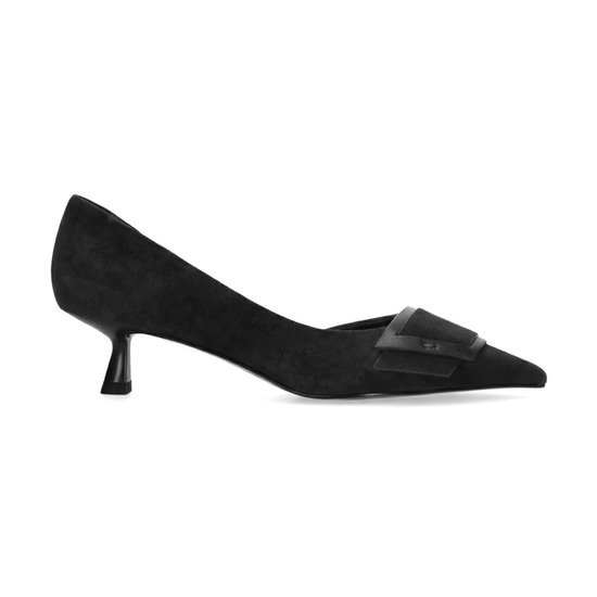 Black Suede kitten heel court shoe with a buckle on a plain white background