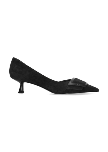 Black Suede kitten heel court shoe with a buckle on a plain white background