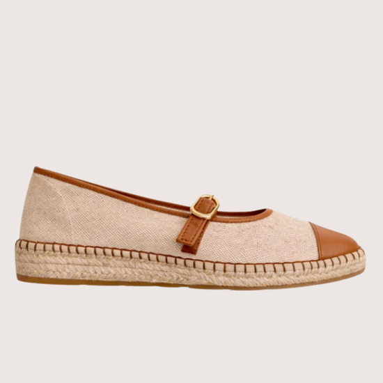 Beige flat shoe with tan cap-toe and woven sole 