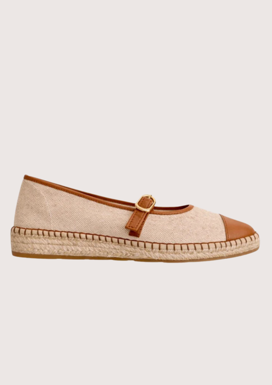 Beige flat shoe with tan cap-toe and woven sole 