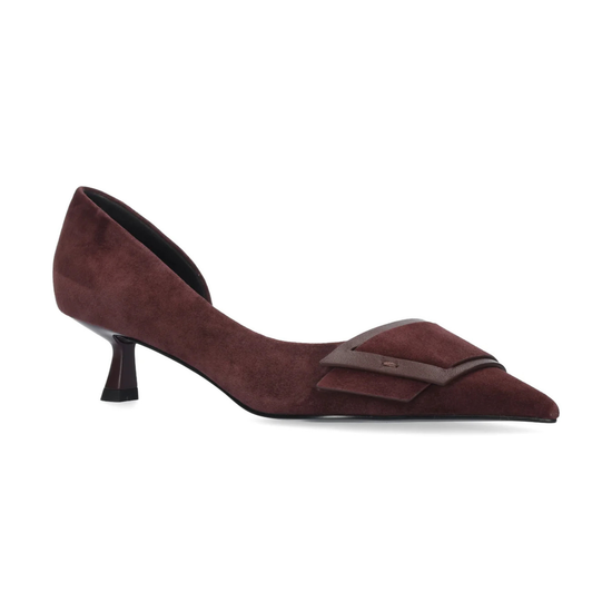 A single dark burgundy suede pump with a pointed toe and a decorative dark brown leather strap detail across the vamp, shown against a plain white background.