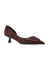 A single dark burgundy suede pump with a pointed toe and a decorative dark brown leather strap detail across the vamp, shown against a plain white background.