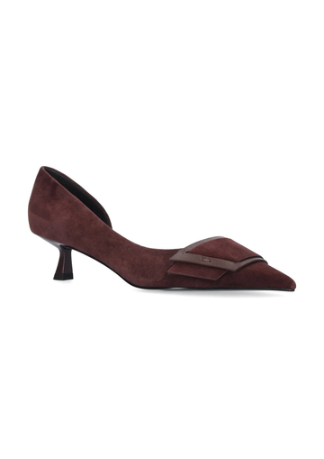 A single dark burgundy suede pump with a pointed toe and a decorative dark brown leather strap detail across the vamp, shown against a plain white background.
