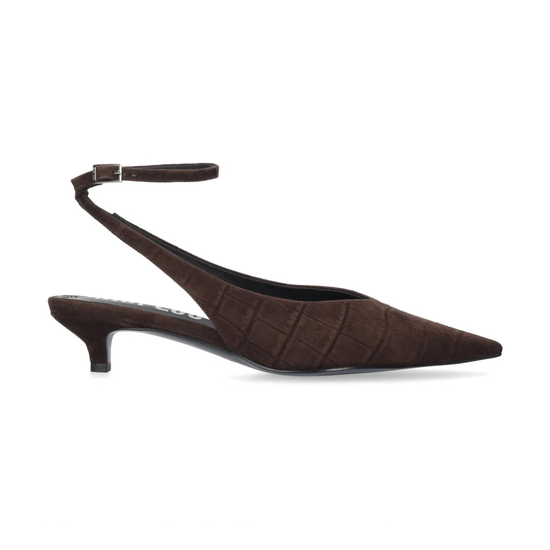 A single women's slingback pump with a pointed toe and a low block heel, featuring a black and gray animal print pattern, shown against a plain off-white background.