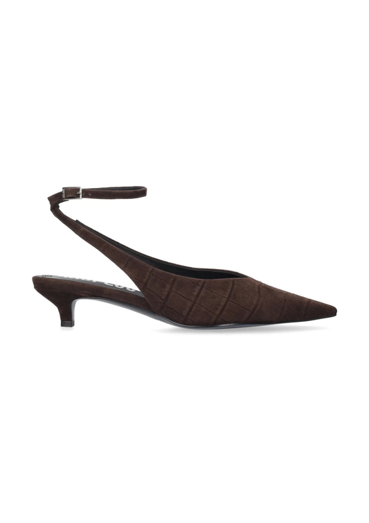 A single women's slingback pump with a pointed toe and a low block heel, featuring a black and gray animal print pattern, shown against a plain off-white background.