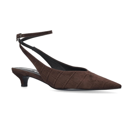 A single dark brown slingback pump with a pointed toe, quilted texture, and a low kitten heel, shown against a plain white background.