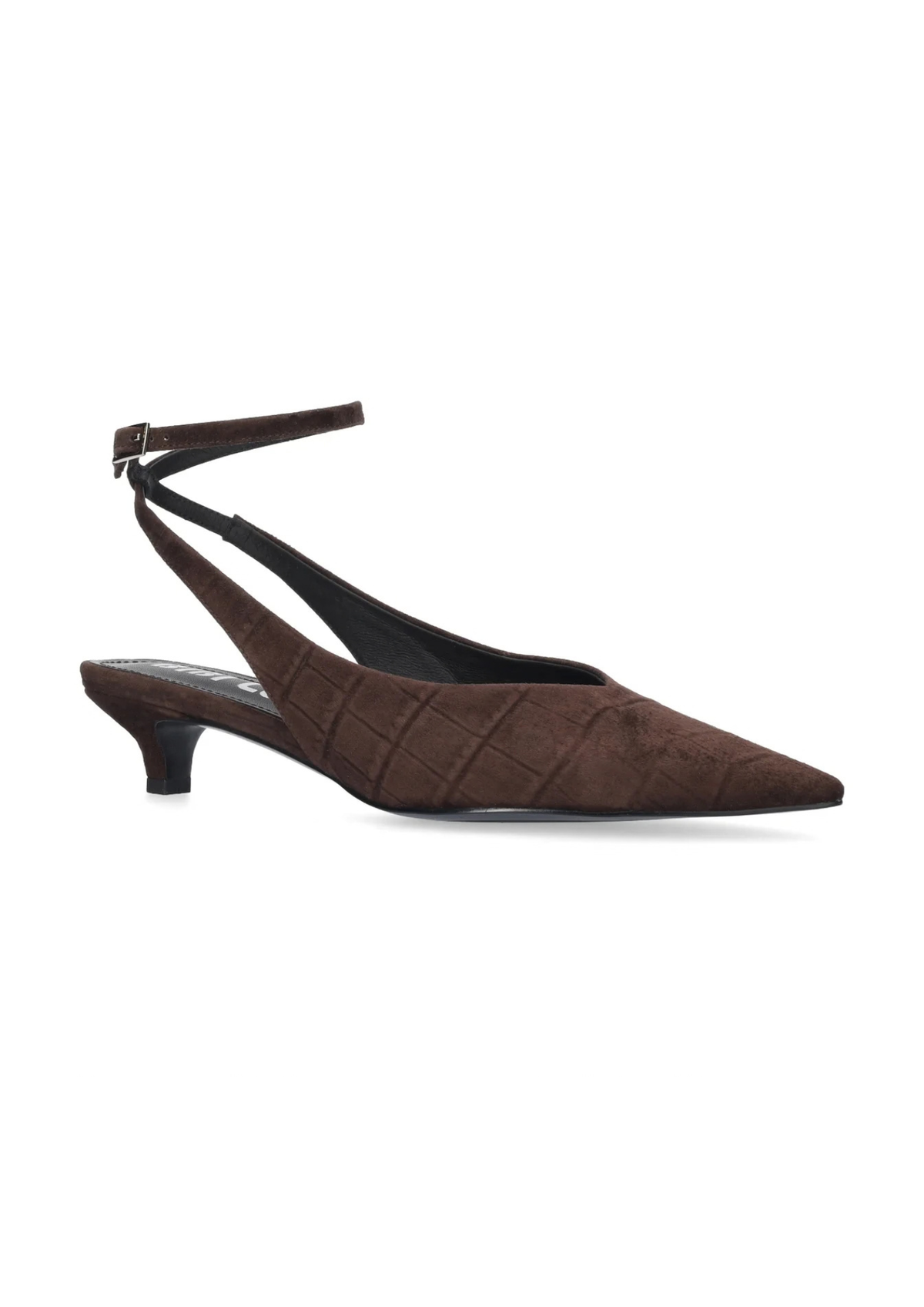 A single dark brown slingback pump with a pointed toe, quilted texture, and a low kitten heel, shown against a plain white background.