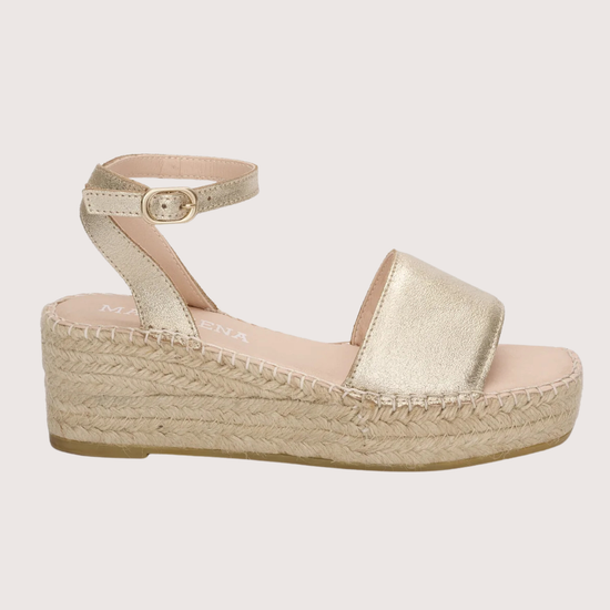 gold leather flat platform sandals with ankle strap