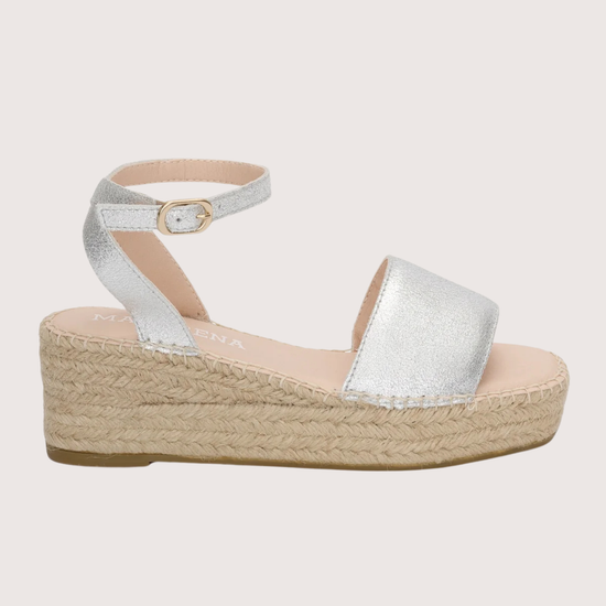 silver leather flat platform sandals with ankle strap