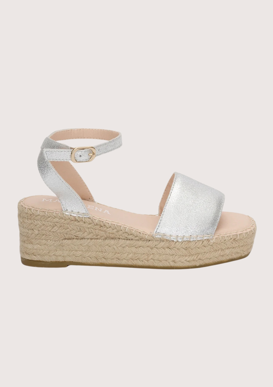 silver leather flat platform sandals with ankle strap