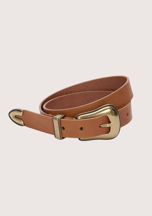 A tan leather belt with a polished gold-tone buckle, shown coiled on a light beige background.