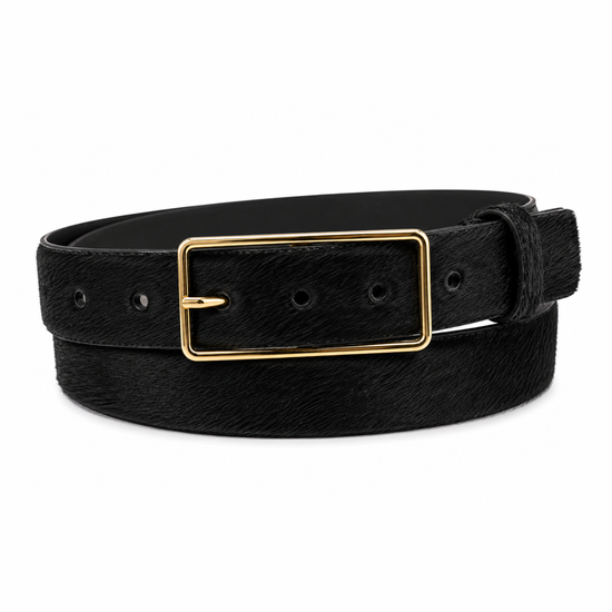 A black textured belt with a rectangular gold-tone buckle, coiled on a plain white background.