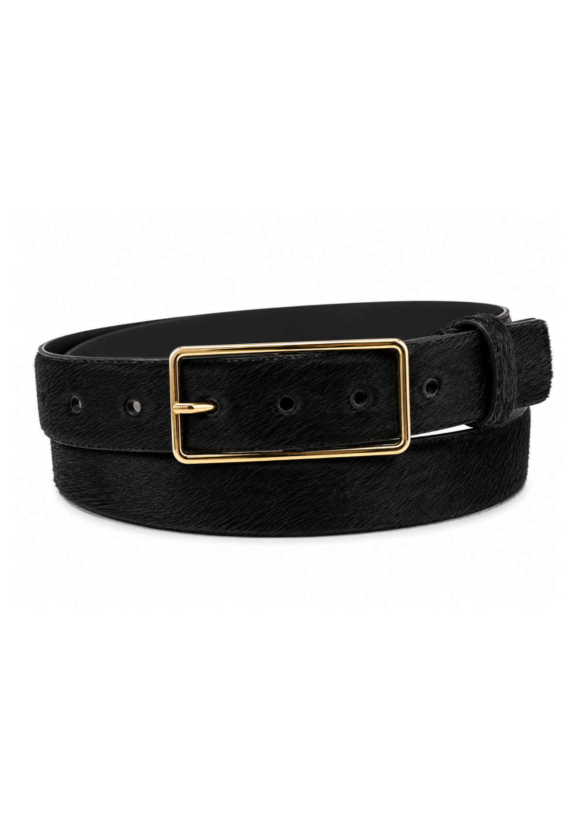 A black textured belt with a rectangular gold-tone buckle, coiled on a plain white background.