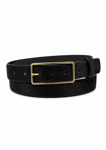 A black textured belt with a rectangular gold-tone buckle, coiled on a plain white background.