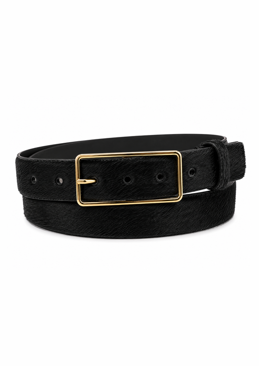 A black textured belt with a rectangular gold-tone buckle, coiled on a plain white background.
