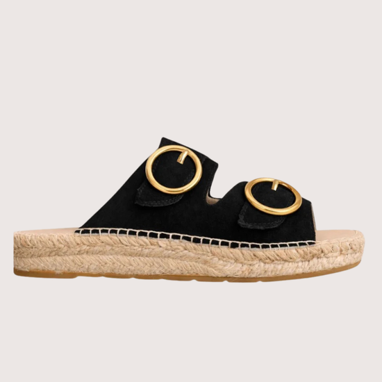black sandal with gold buckles 