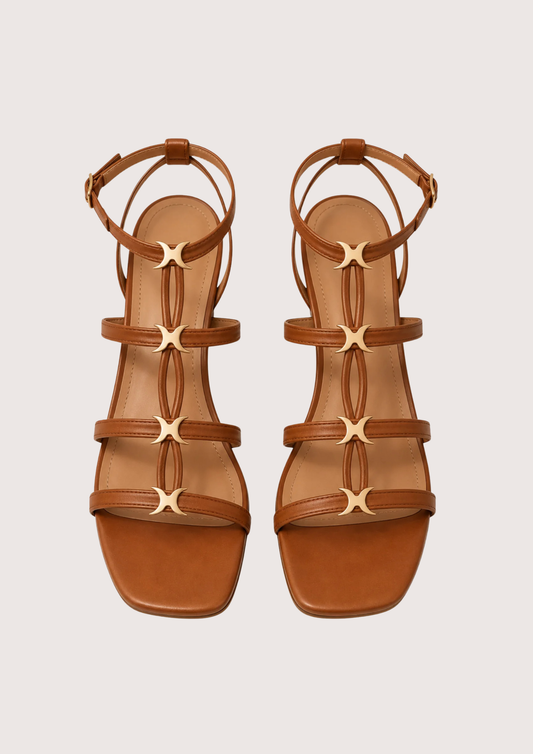 Tan sandal with gold hardware