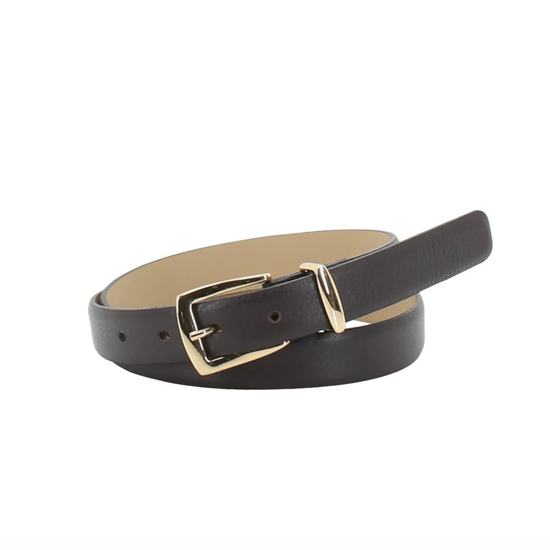 A dark brown leather belt with a gold-tone metal buckle, coiled on a plain white background.
