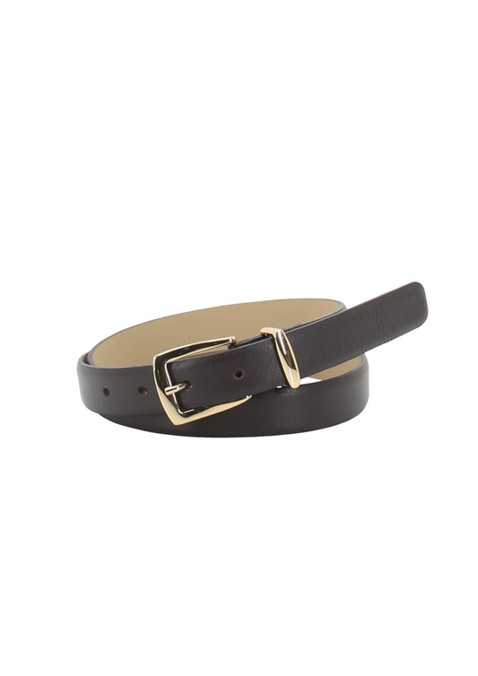 A dark brown leather belt with a gold-tone metal buckle, coiled on a plain white background.